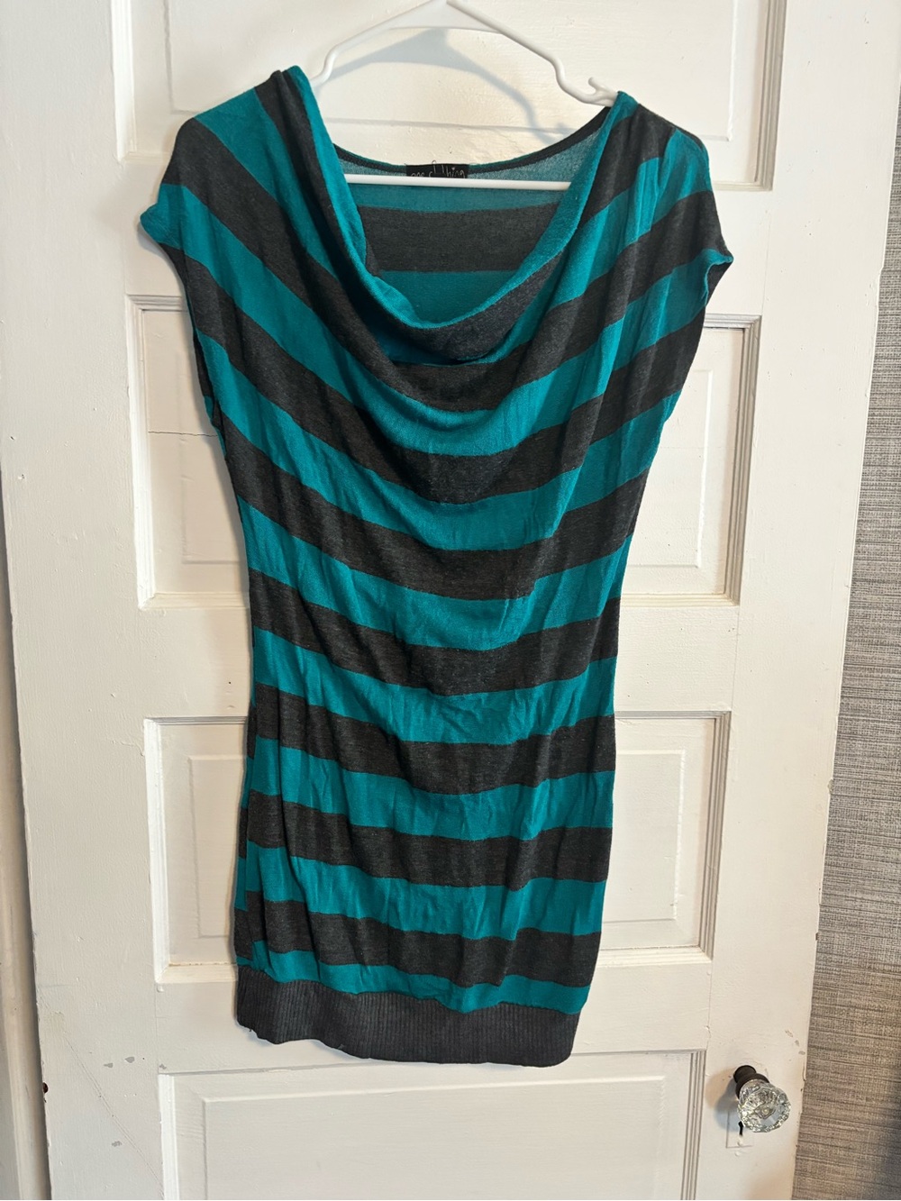 one clothing Teal and Charcoal Striped sweater dress.